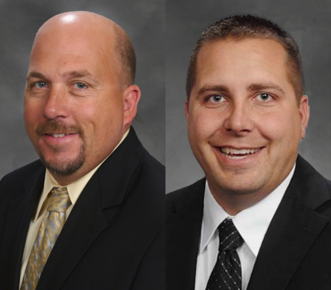 Headshot photos of outgoing leader EJ Gering and incoming leader Ryan Alvin, both wearing dark suits against a gray backdrop.