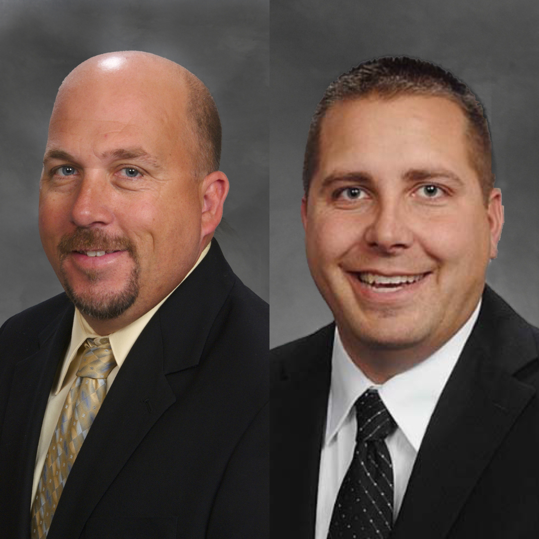 Headshot photos of outgoing leader EJ Gering and incoming leader Ryan Alvin, both wearing dark suits against a gray backdrop.